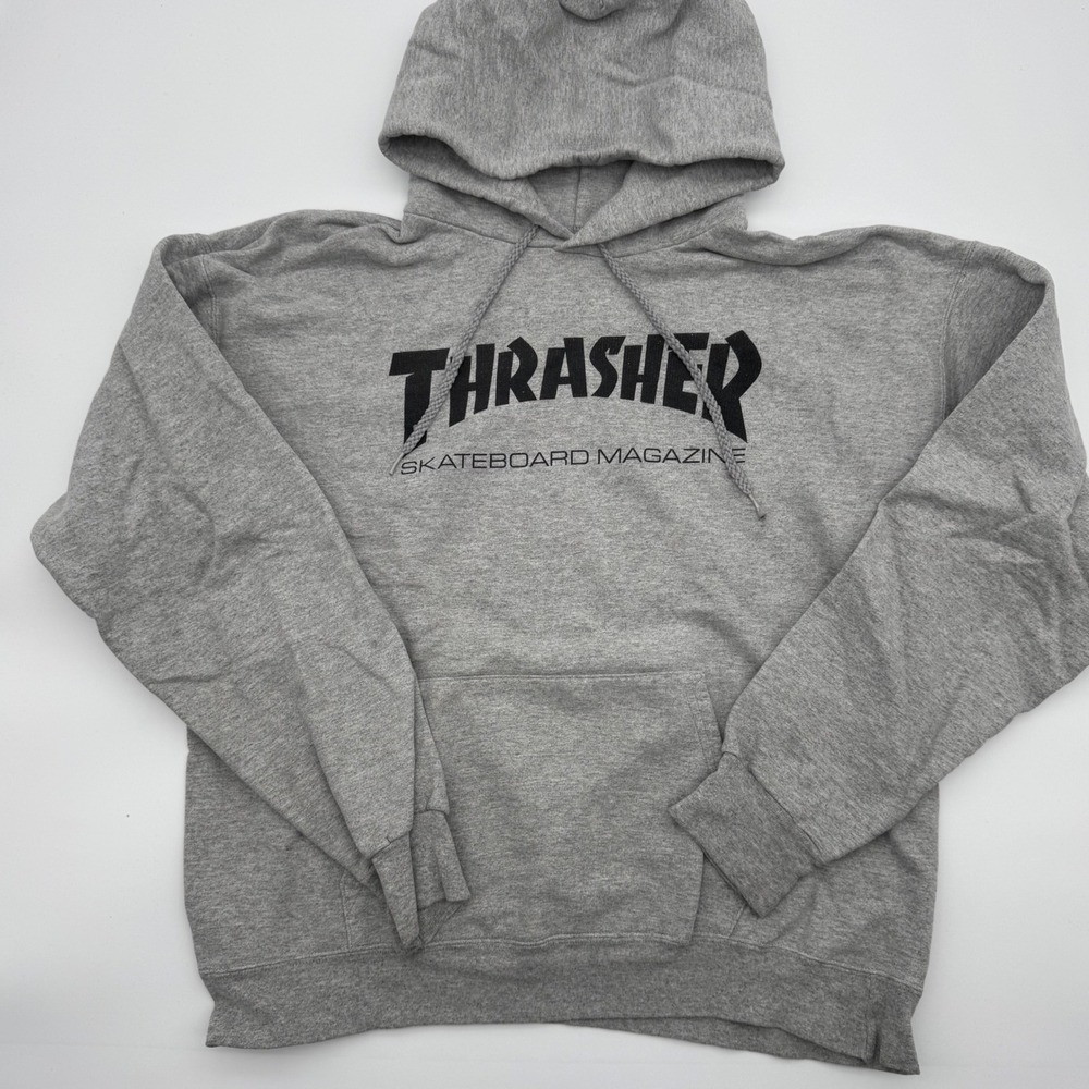 Thrasher Skateboarding Magazine Hoodie Mens Medium Gray Black Logo Pullover